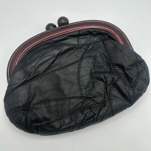 Vintage Leather Patchwork Clutch Purse Bag with Acrylic closure Black